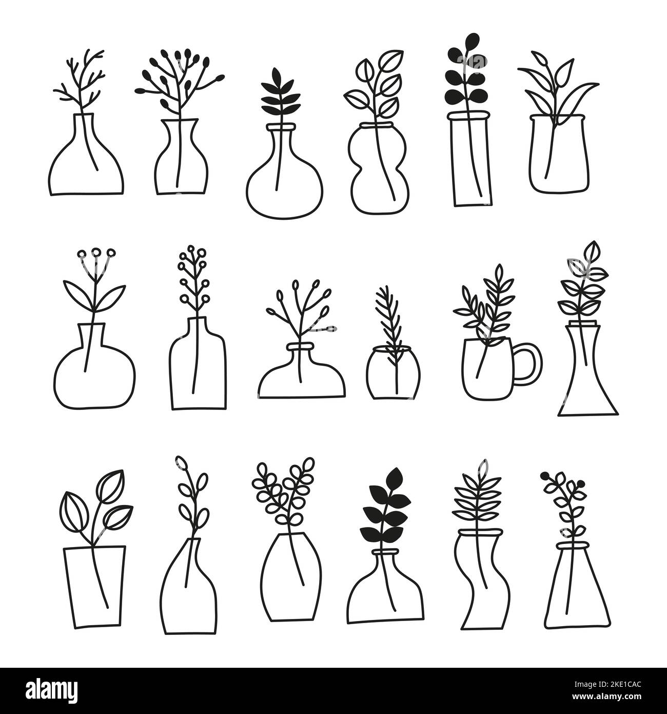 Set of different doodle outline wild plants, herbs, twigs, berries in