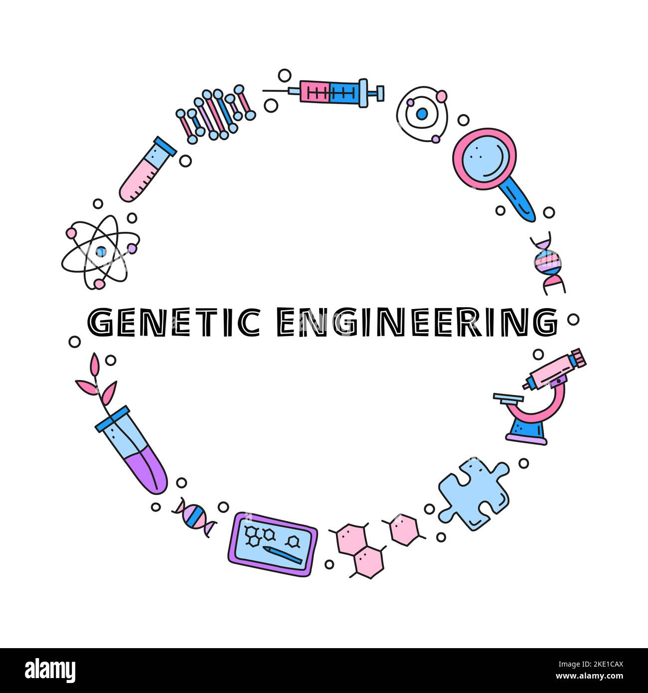 Doodle colored genetic engineering icons including dna, microscope ...