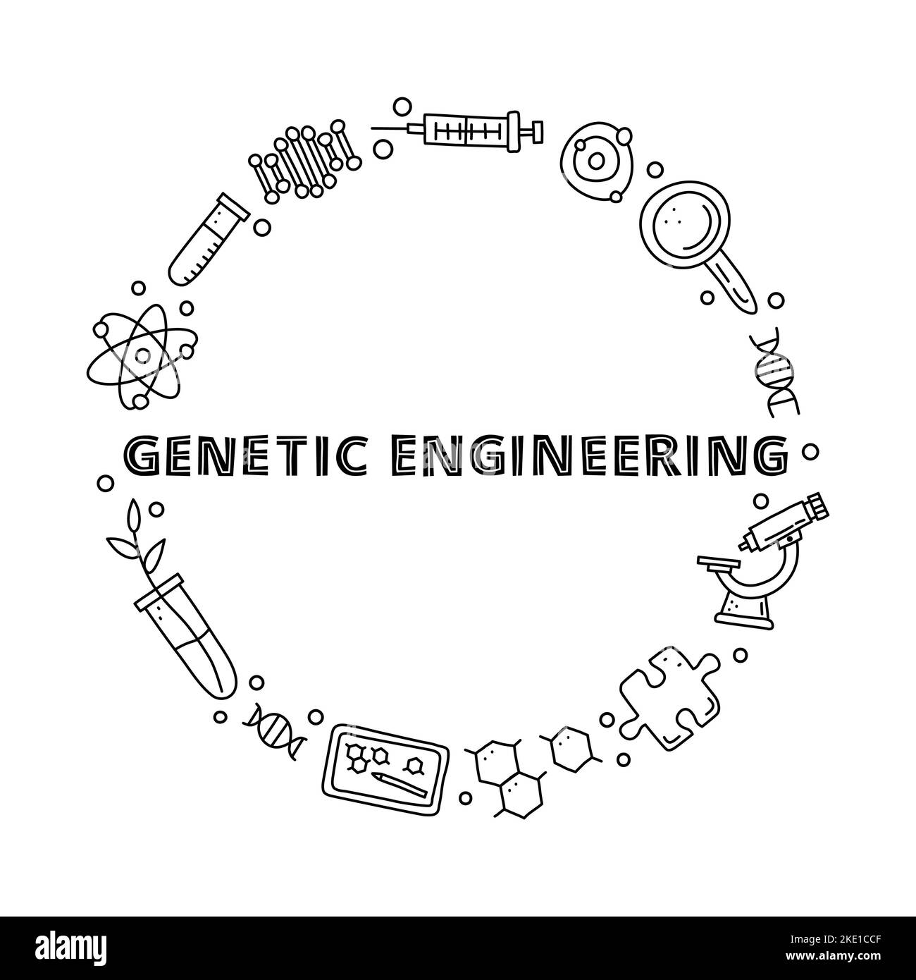 Doodle outline genetic engineering icons including dna, microscope, syringe, molecule, plant in test tube, puzzle piece, tablet, loupe and lettering c Stock Vector