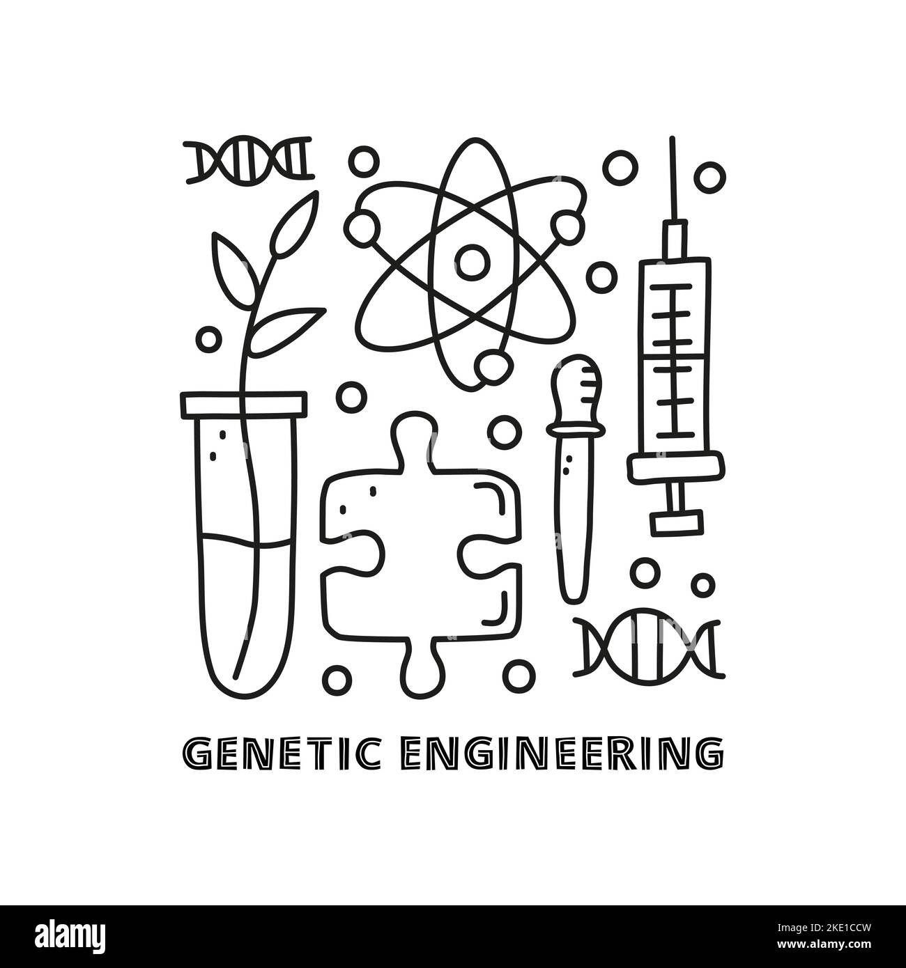 Group of doodle outline genetic engineering icons including plant in ...