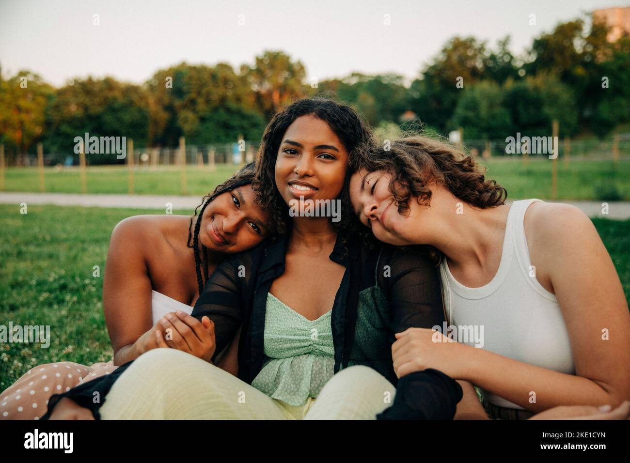 Portrait of teenage girl sitting amidst female friends at park Stock Photo