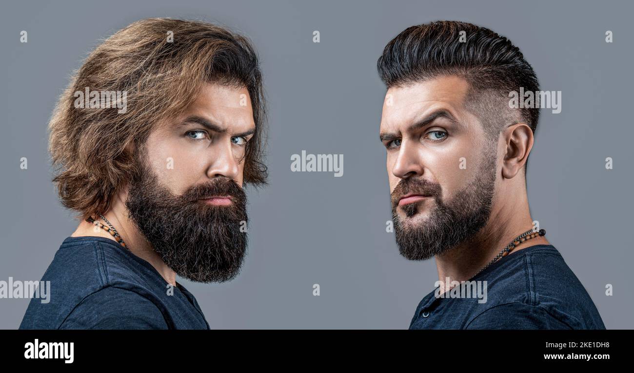 Shaving, hairstyling. Beard, shave before, after. Long beard Hair style