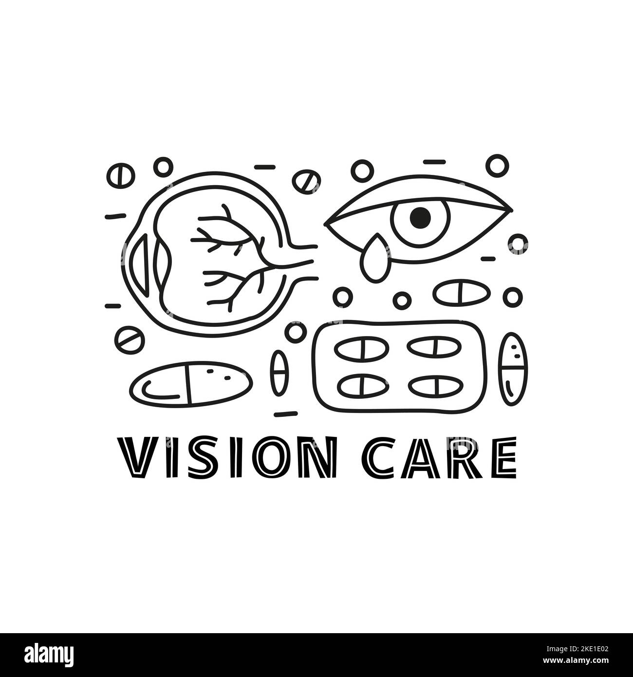 Poster with lettering and doodle outline ophthalmology icons including