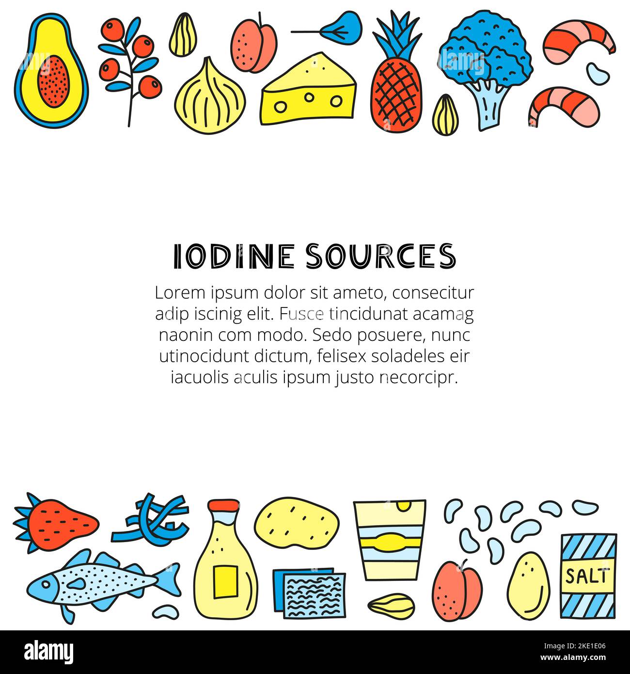 Poster with space for text and doodle colored iodine foods sources including cod, tuna fish, salt, broccoli, yogurt, milk, eggs, prunes, seaweed, shri Stock Vector