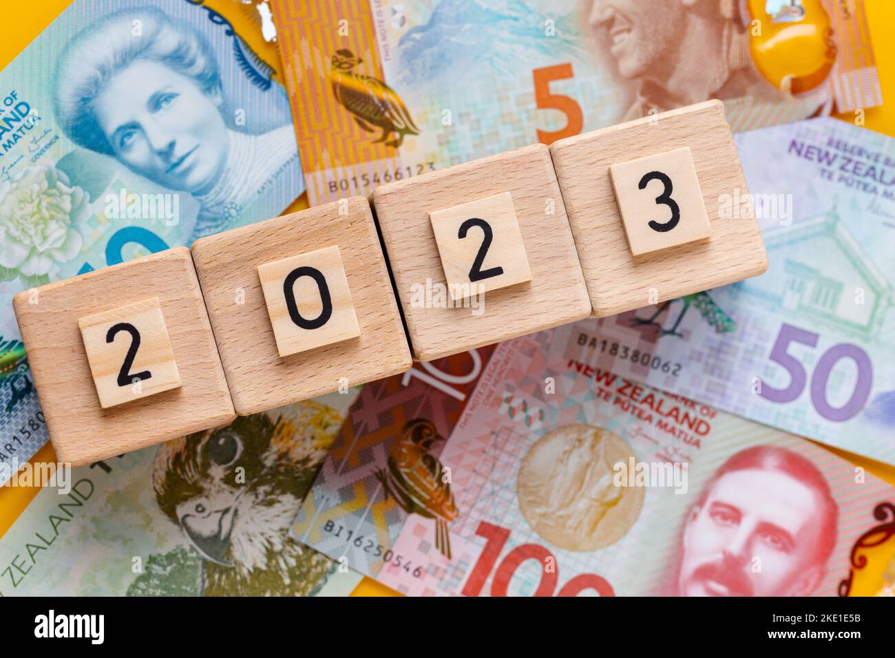 2023, date on wooden blocks, New Zealand dollar, all banknotes