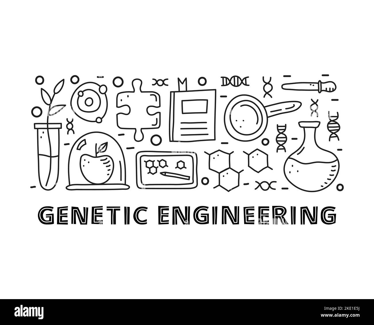 Group of doodle outline engineering icons including plant in