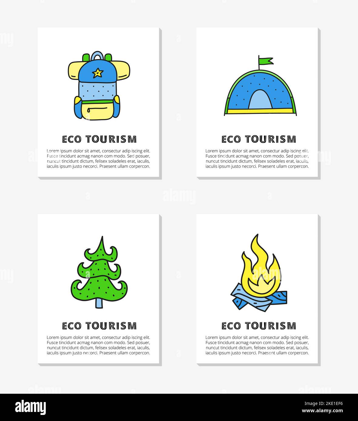 Cards with doodle colored eco tourism icons including backpack, tent, fir tree, campfire and lettering isolated on grey background. Stock Vector