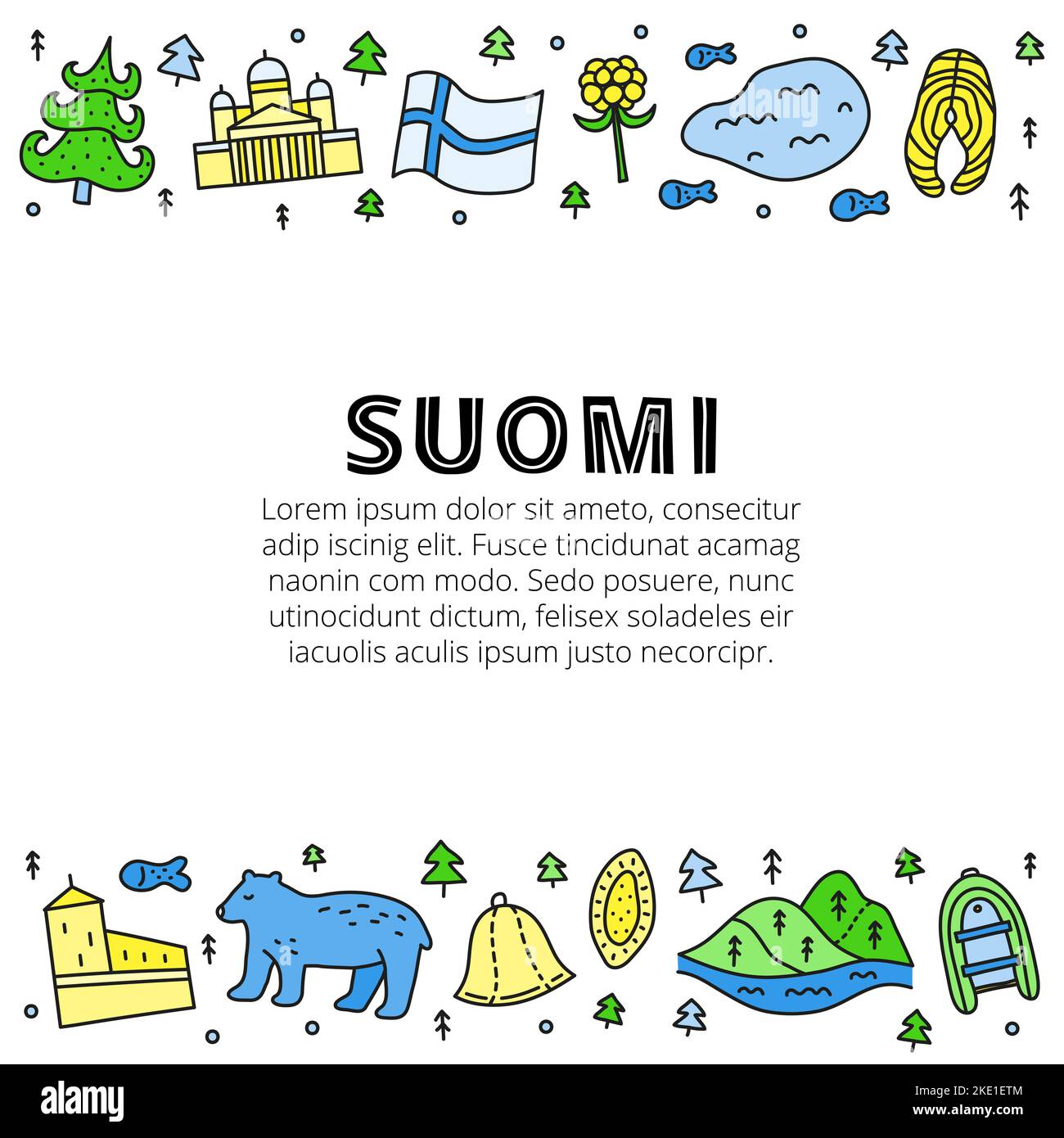 Poster with lettering and doodle colored finland icons including Helsinki Cathedral, deer, lake, cloudberry, Olaf s castle, pastry, meatballs, fish, b Stock Vector
