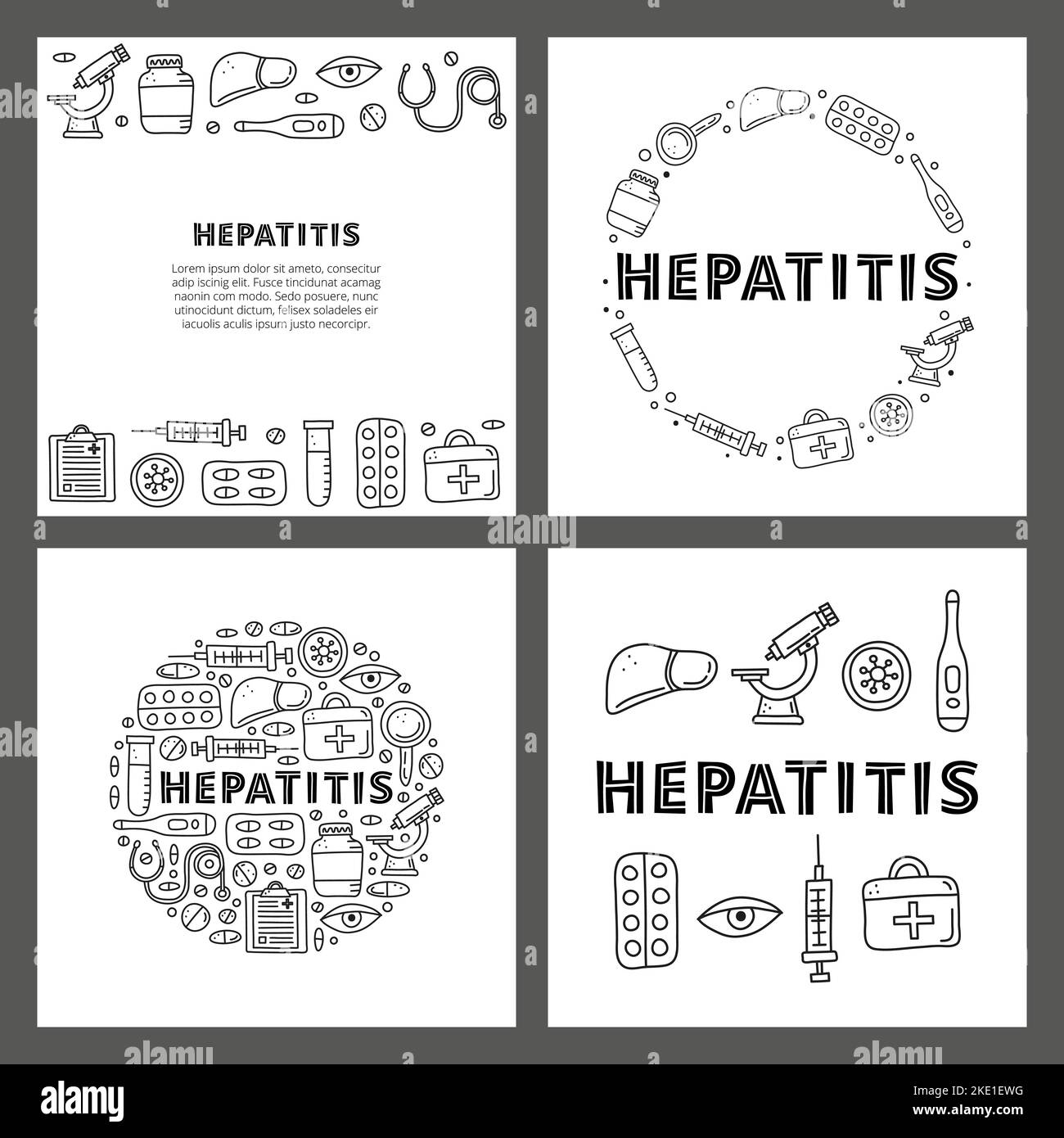 Set of cards with lettering and doodle outline hepatitis medical icons ...