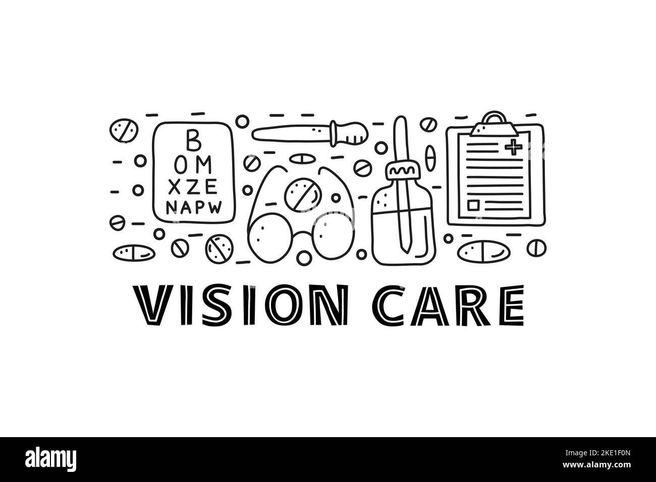 Poster with lettering and doodle outline ophthalmology icons including ...