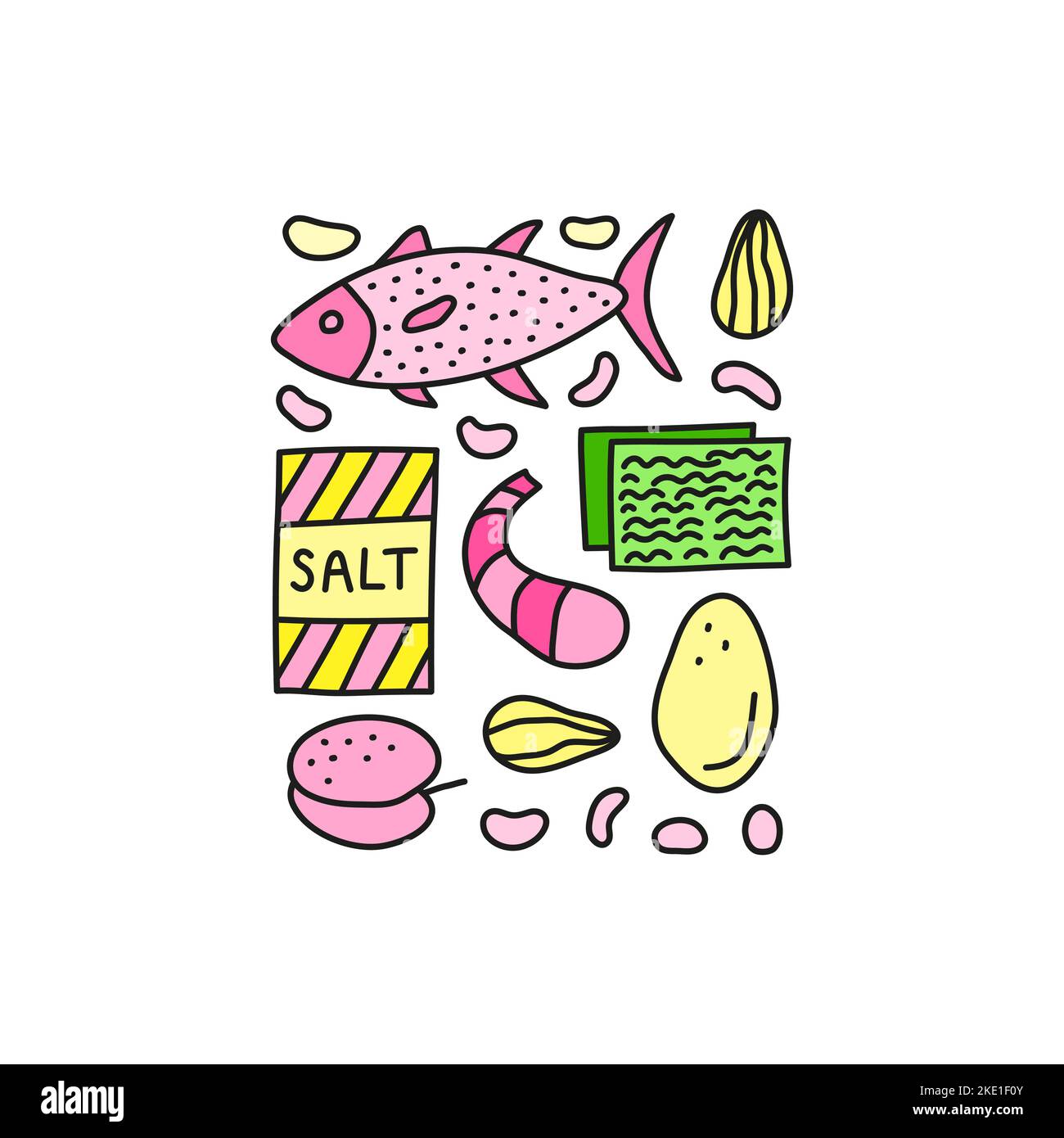 Group of doodle colored iodine food sources including tuna fish, salt