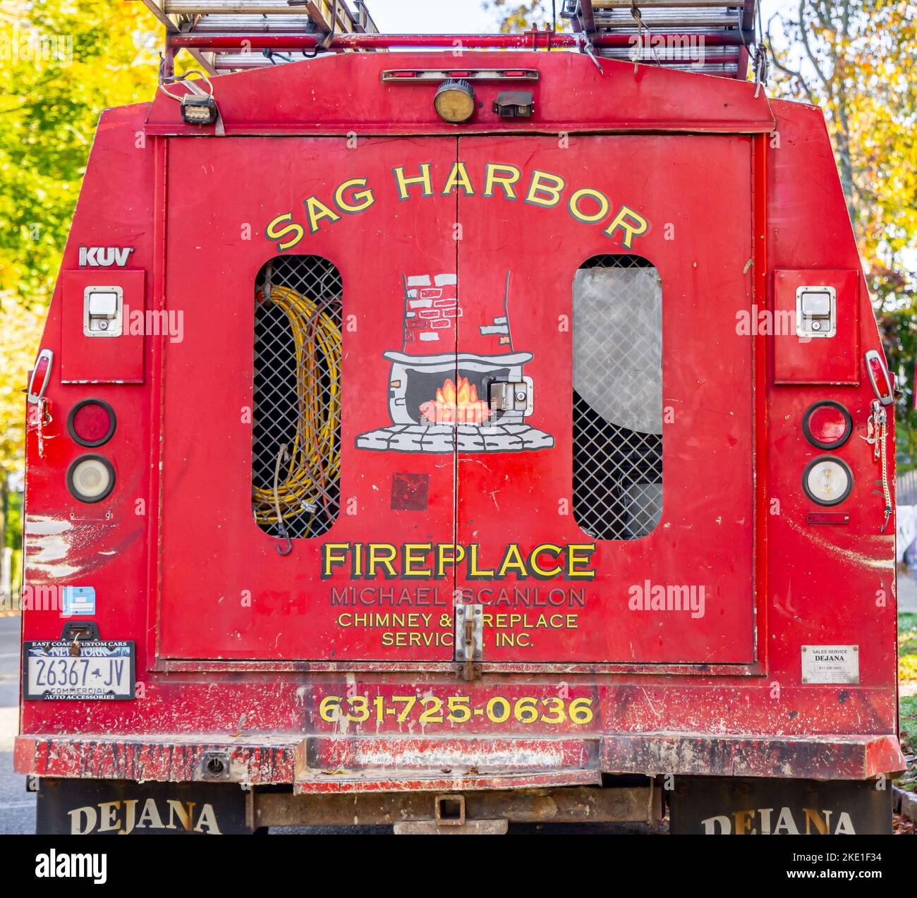 Back of a red work truck for Sag harbor Fireplace Stock Photo Alamy