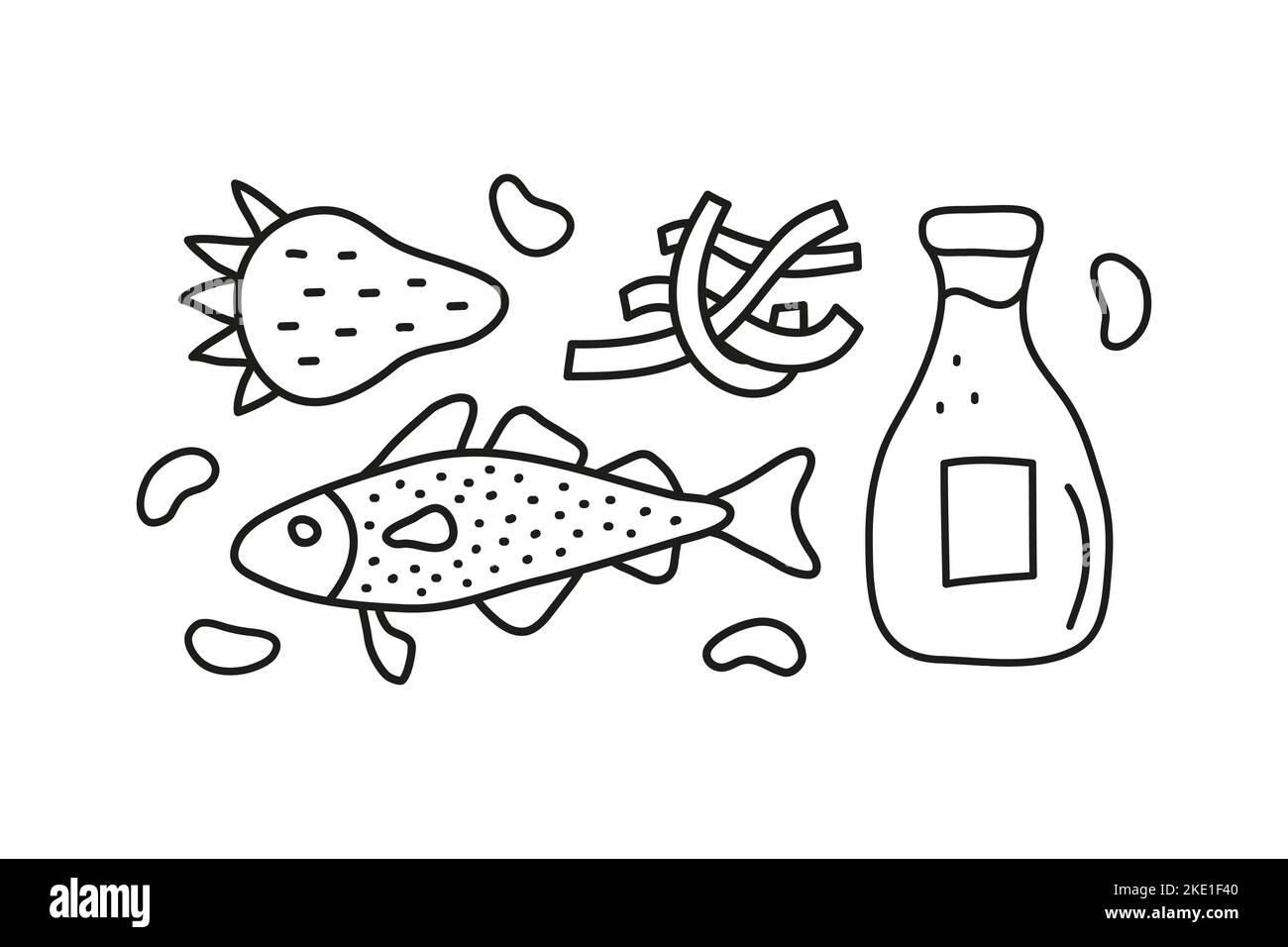 Group of doodle outline iodine food sources including cod fish, milk