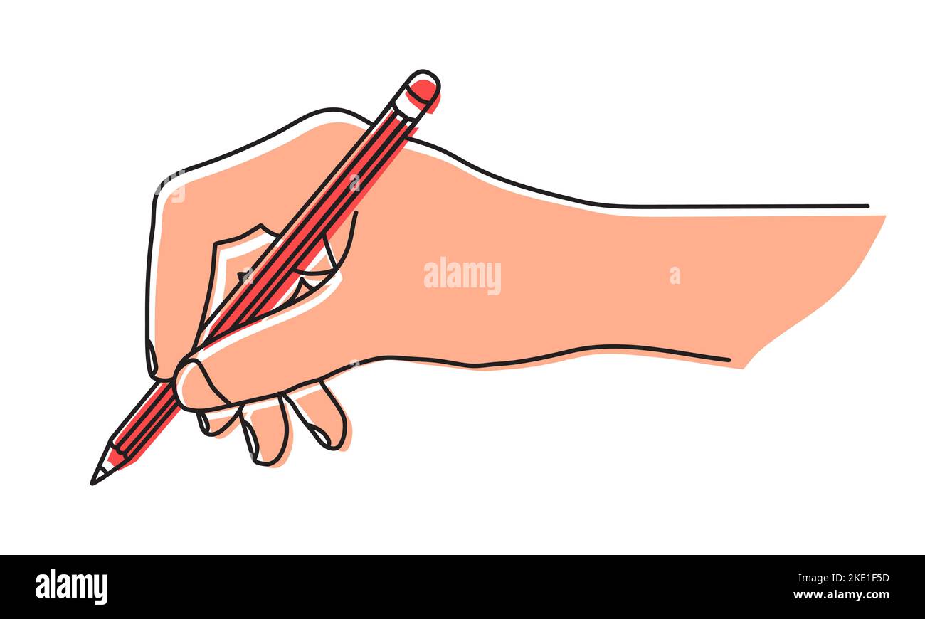 Hand holding a pencil, writing, signing a document or drawing. Hand