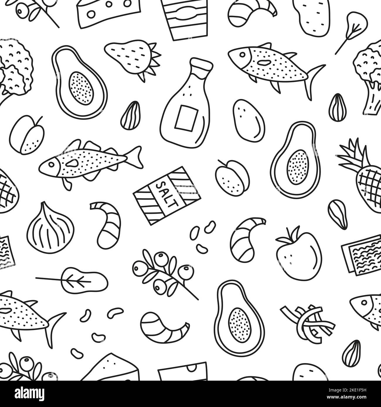 Black and white seamless pattern with doodle outline iodine food sources including cod, tuna fish, salt, broccoli, yogurt, milk, eggs, prunes, seaweed Stock Vector