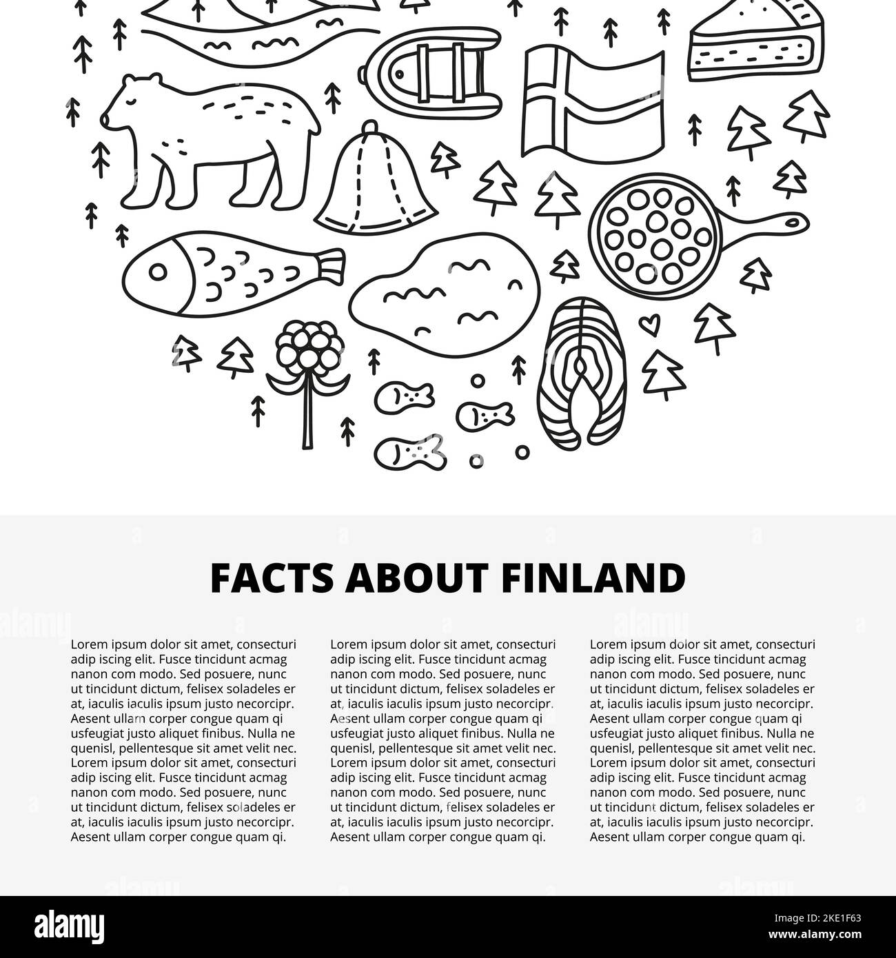 Article template with space for text and doodle outline finland icons including lake, cloudberry, pastry, meatballs, fish, bear, flag, boat, fir trees Stock Vector