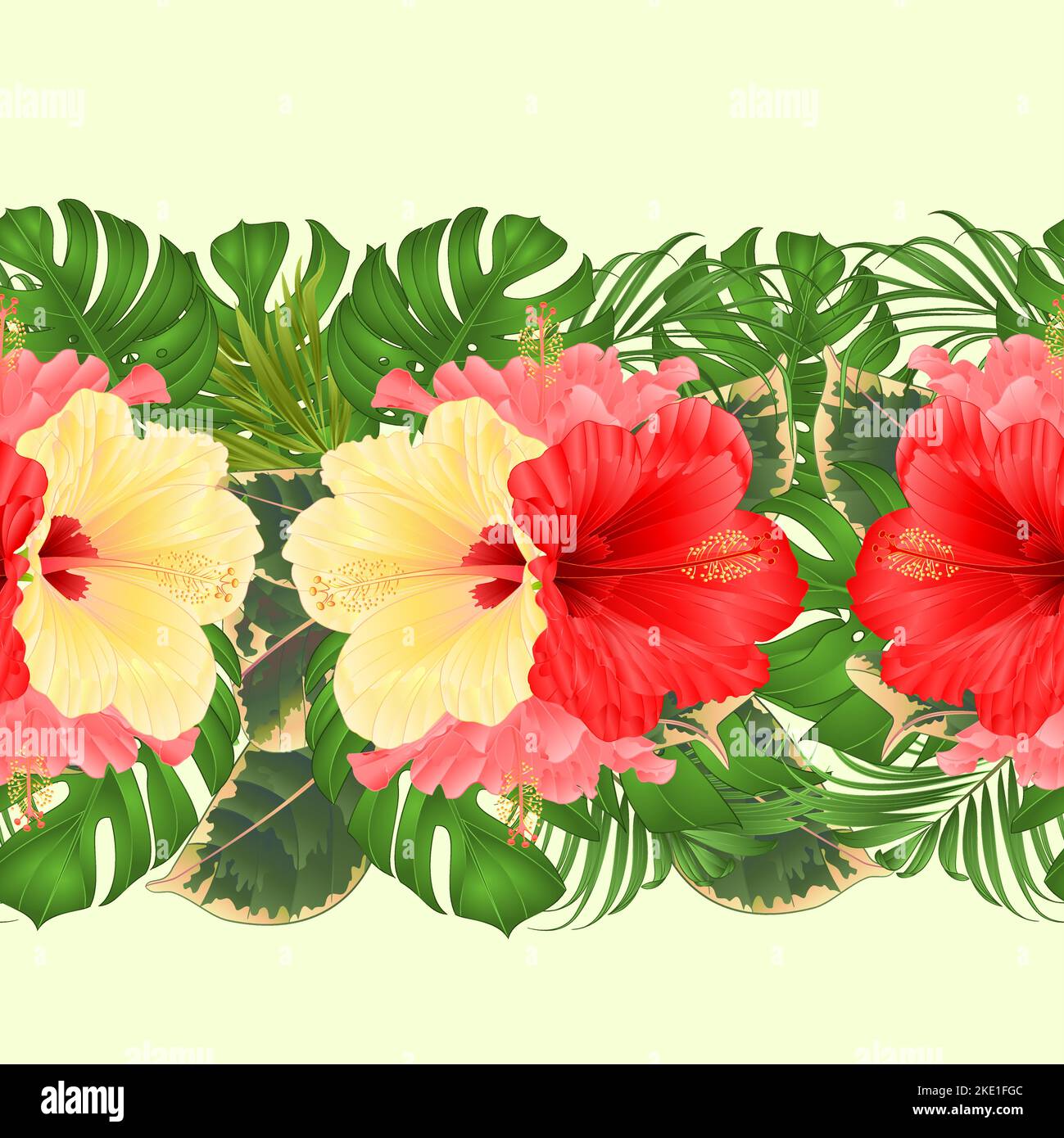 Floral border seamless background  with tropical flowers   beautiful yellow pink and red hibiscus, palm,philodendron and ficus vintage vector illustra Stock Vector