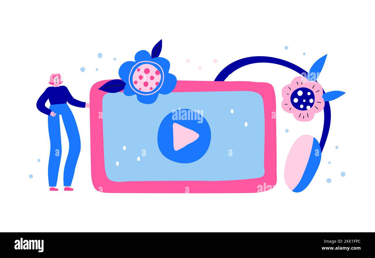 Horizontal banner with colorful headphones, tablet, girl, flowers, leaves. Online video. Landing page concept. Modern flat doodle vector background. Stock Vector