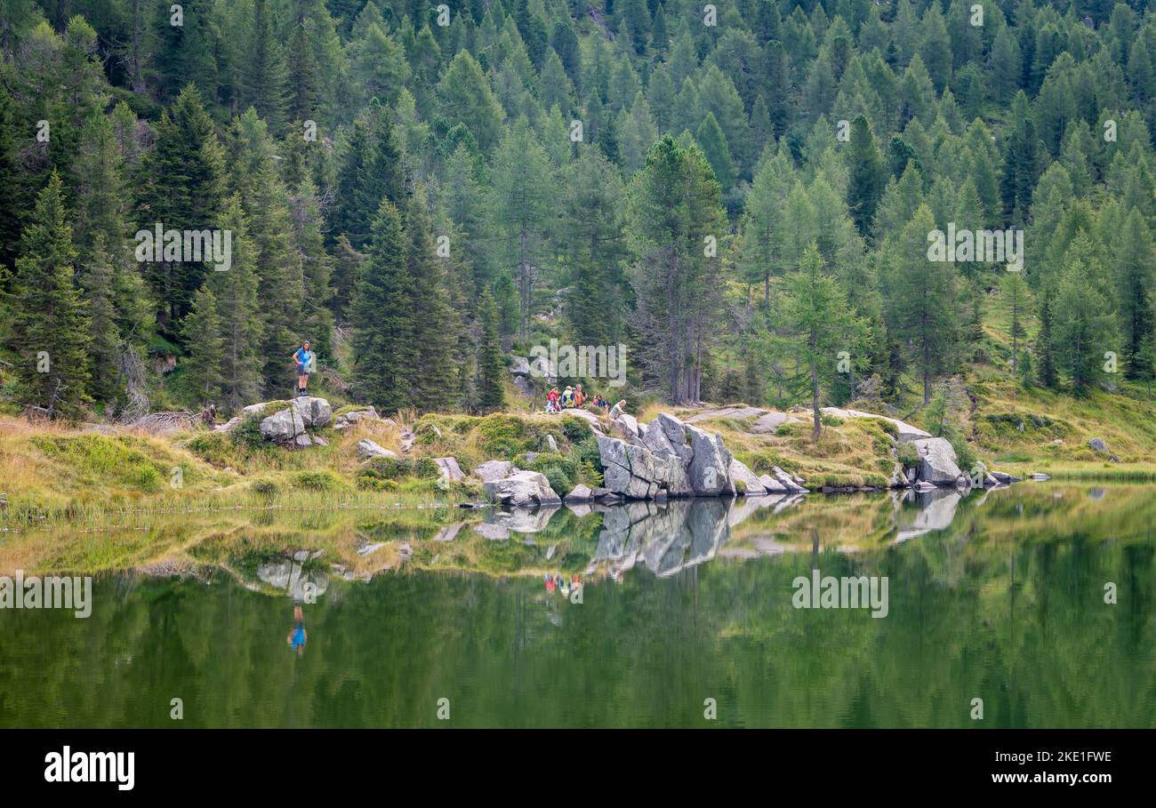 the Colbricon lakes in summer with the mountain reflected on the water ...