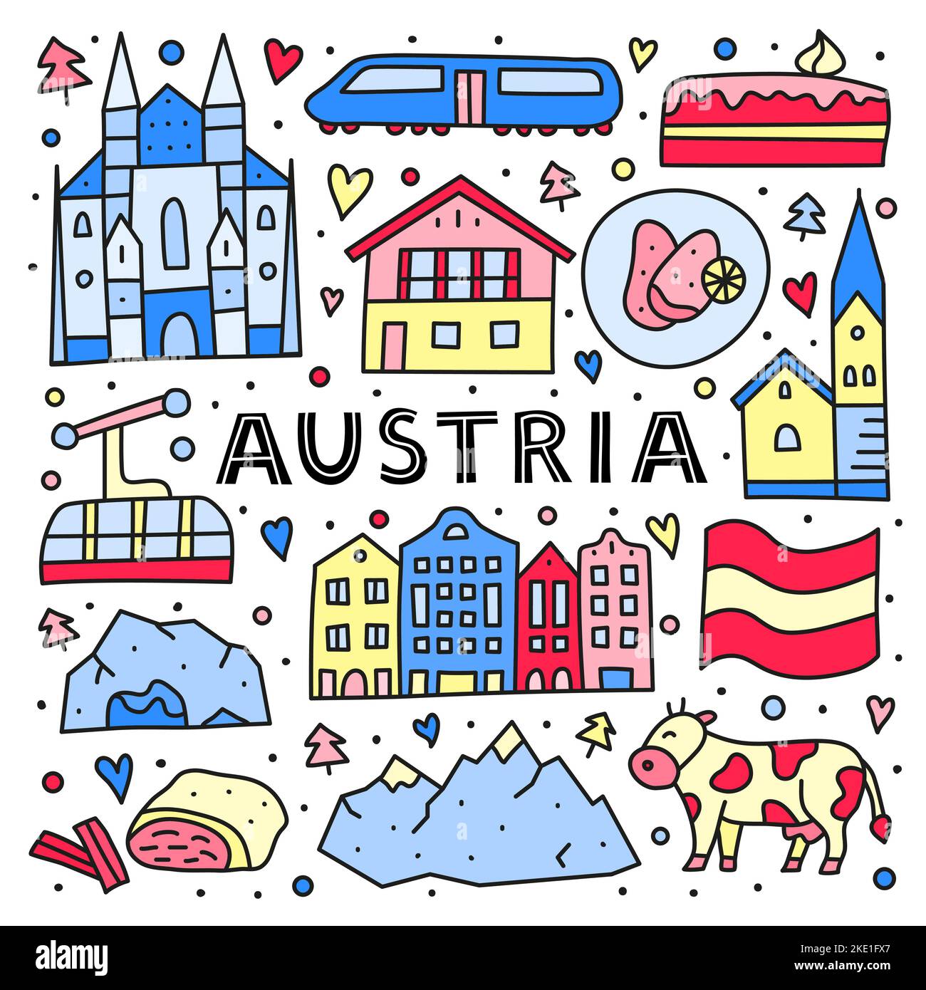 Poster with lettering and doodle colored Austria icons including Vienna