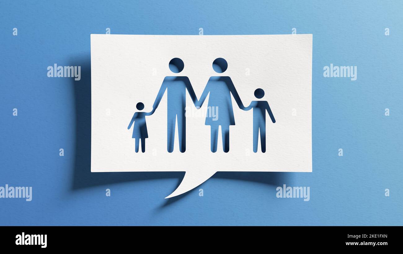Family with children concept for parenting, living together, education, childcare, social protection and insurance. Wife, husband, son, daughter symbo Stock Photo