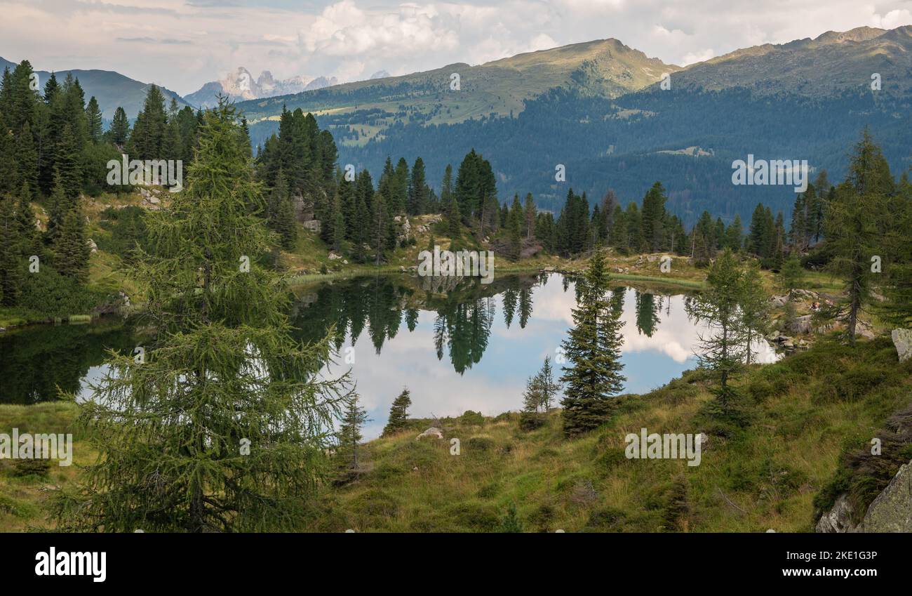 the Colbricon lakes in summer with the mountain reflected on the water ...