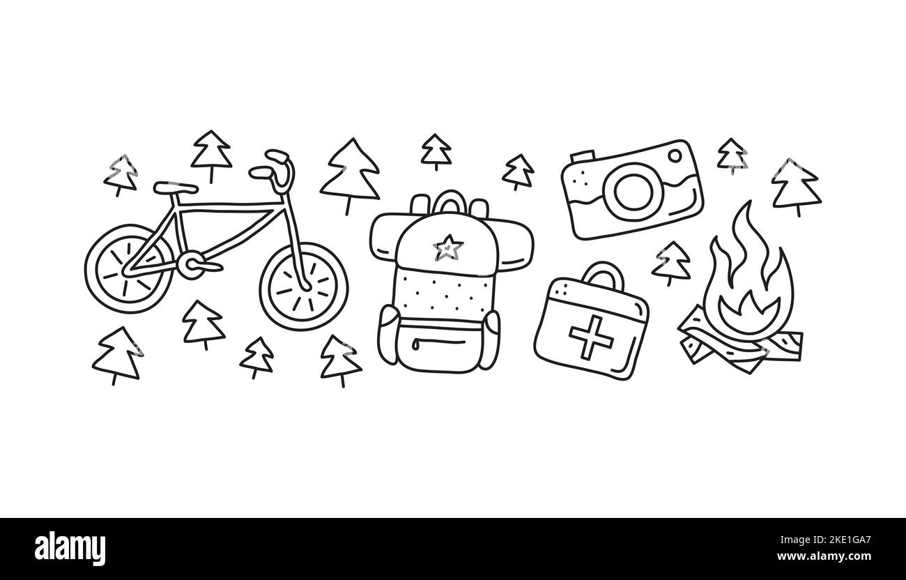 Group of doodle outline eco tourism icons including bike, backpack, first aid kit, camera, campfire isolated on white background. Stock Vector
