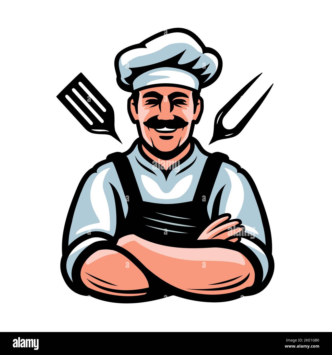 Happy attractive cook cartoon. Handsome male chef illustration. Restaurant, cooking food emblem vector illustration Stock Vector