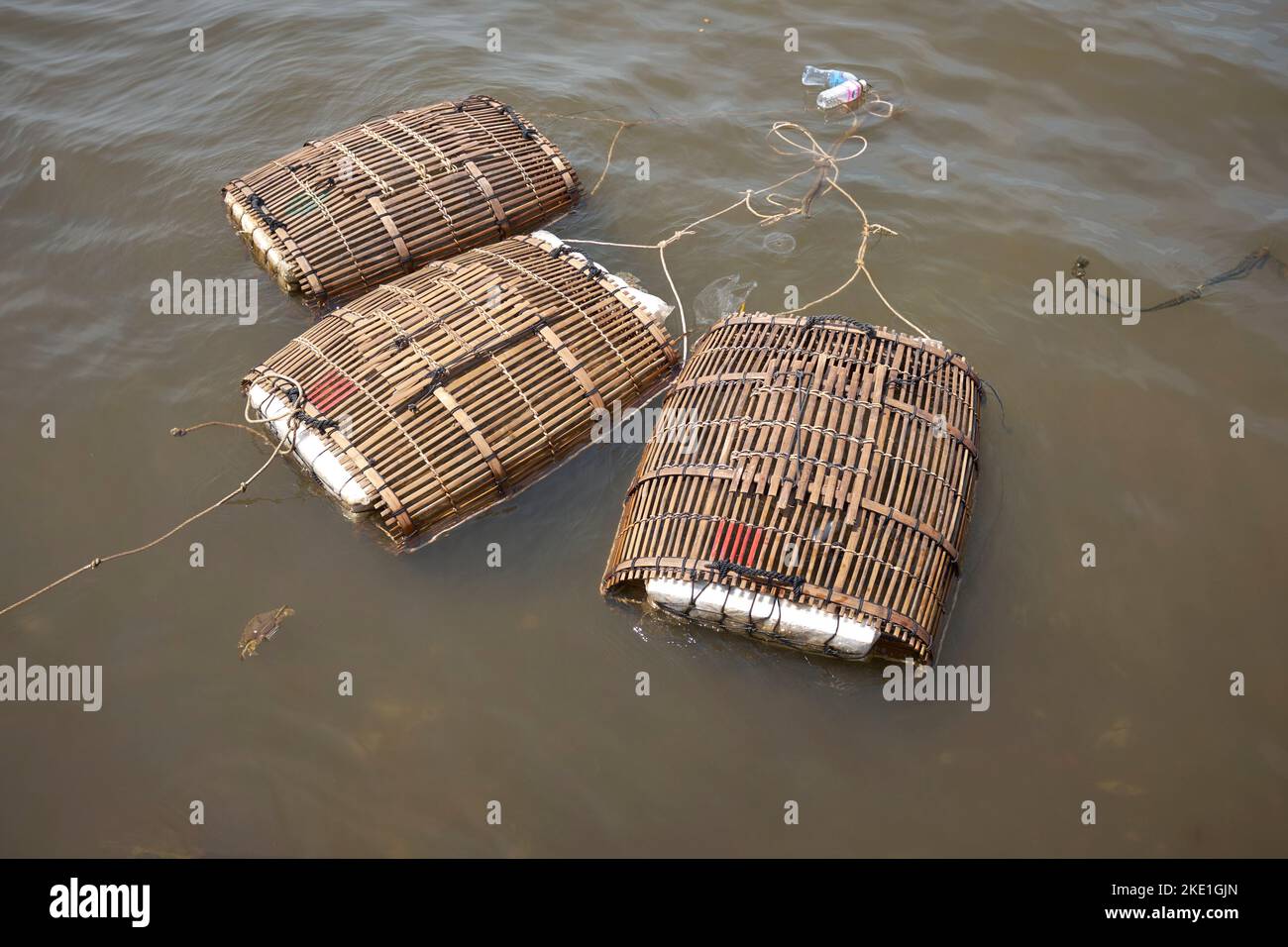 Traditional Bamboo Crab Fishing Cages at Kep Market in Cambodia Stock Photo