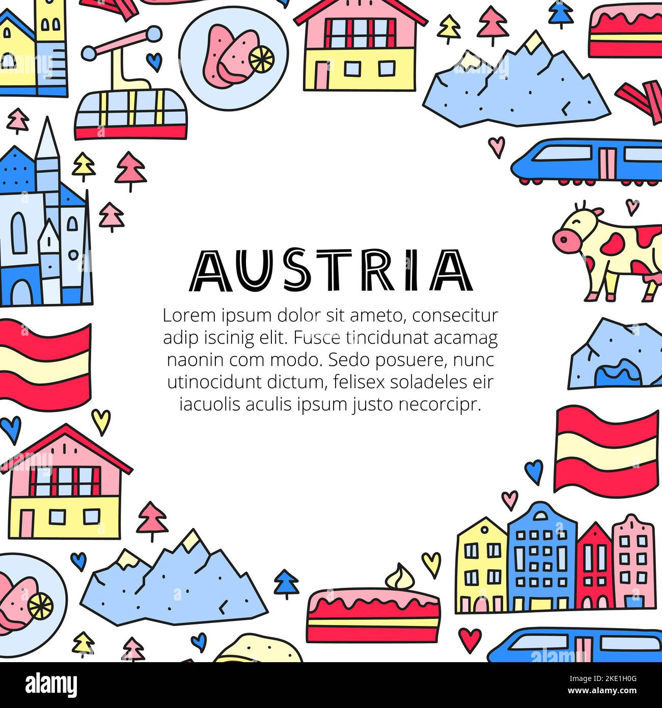 Poster with lettering and doodle colored Austria icons including Vienna