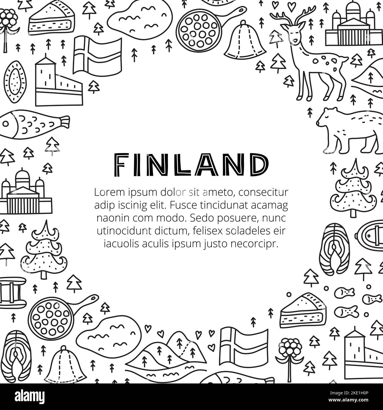 Poster with lettering and doodle outline finland icons including Helsinki Cathedral, deer, lake, cloudberry, Olaf s castle, pastry, meatballs, fish, b Stock Vector