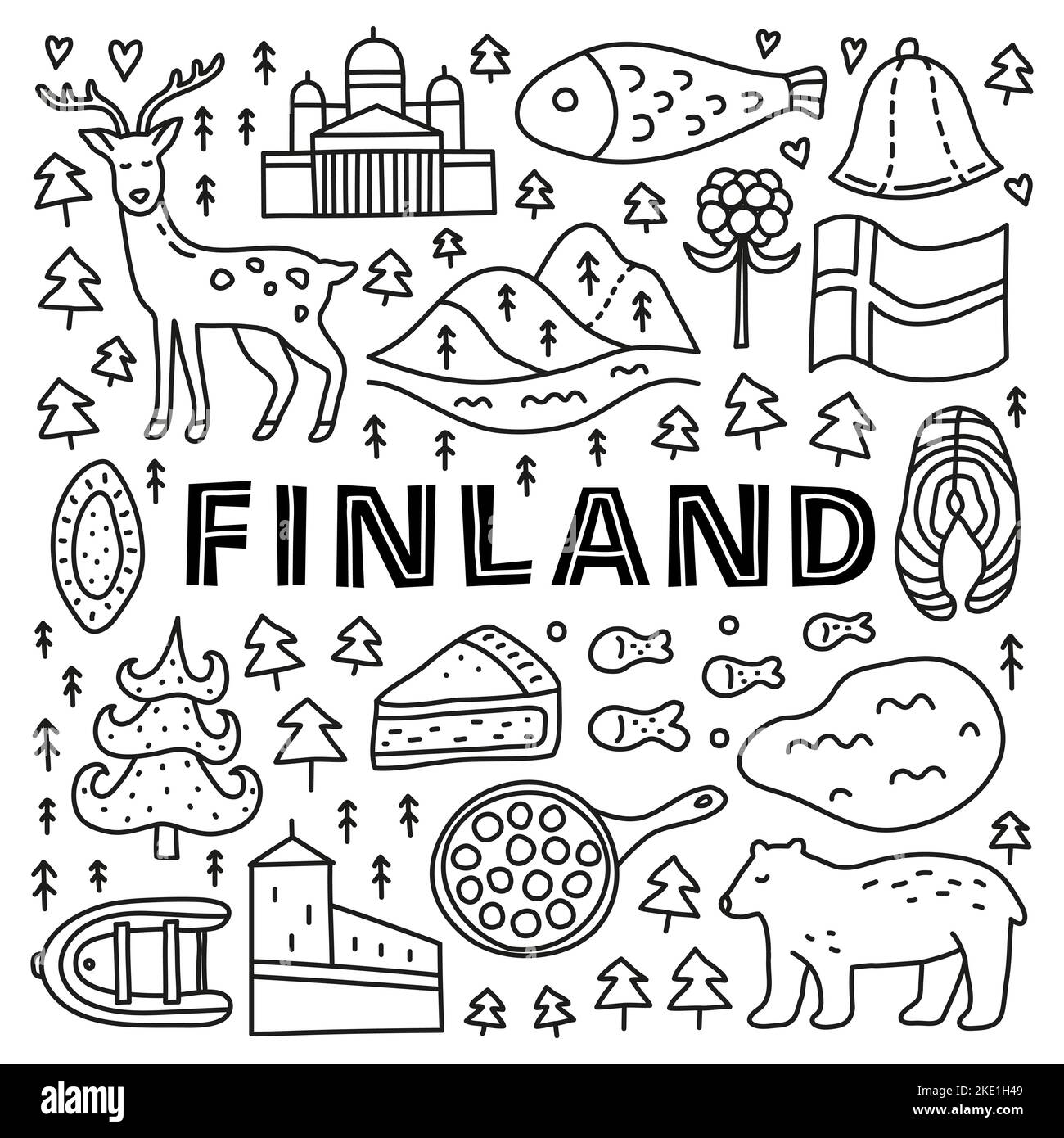 Poster with lettering and doodle outline finland icons including Helsinki Cathedral, deer, lake, cloudberry, Olaf s castle, pastry, meatballs, fish, b Stock Vector