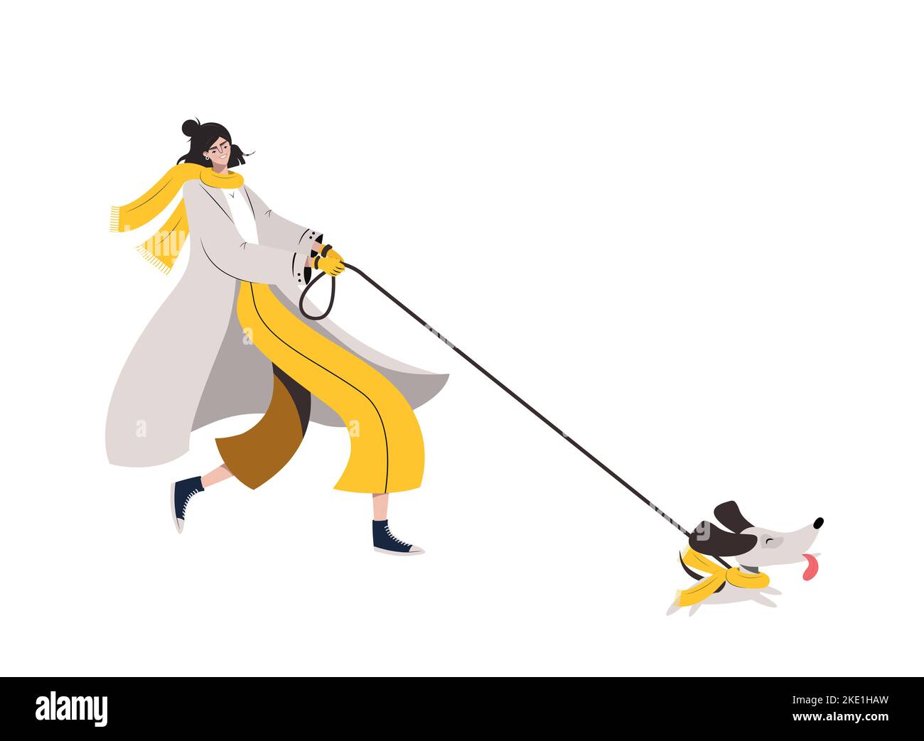 Trendy young woman running with dog. Pet owner strolling with cute