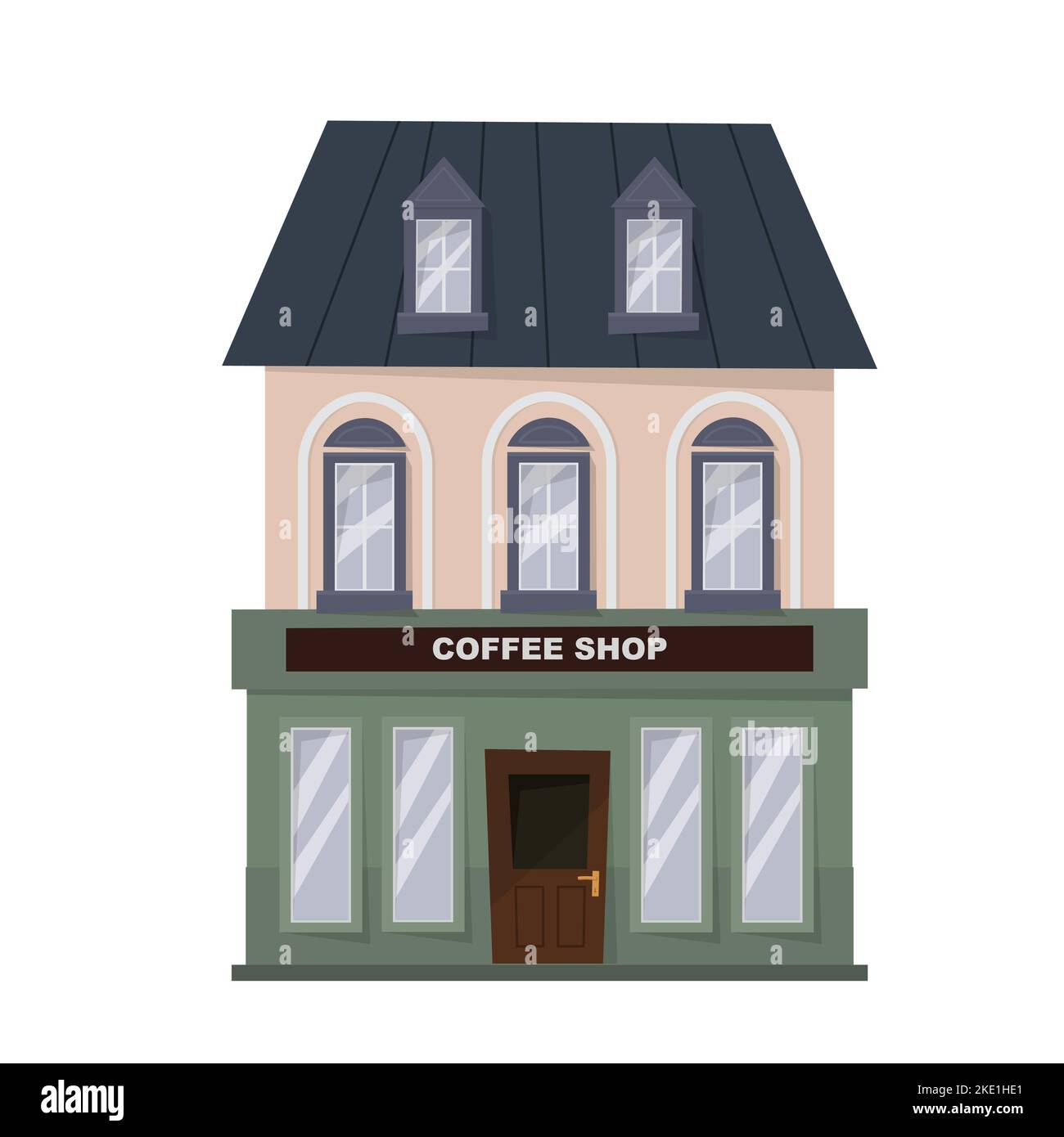 Coffee shop building facade. Coffee house in an old building with large windows. Flat style vector illustration. Isolated on white background. Stock Vector