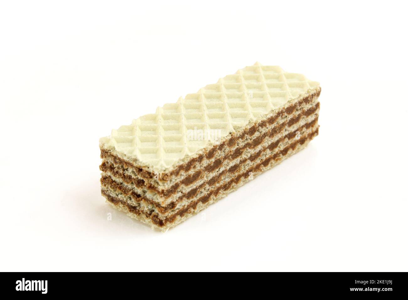 One piece of wafer stick filled with chocolate isolated on white