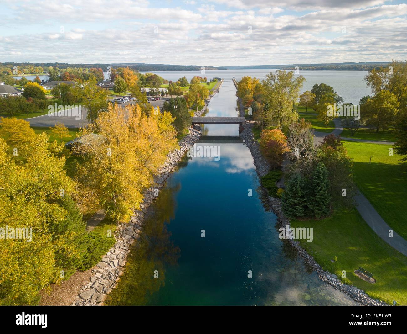 An aerial shot of the scenic Emerson Park in Auburn New York with flowing water and green vegetation Stock Photo