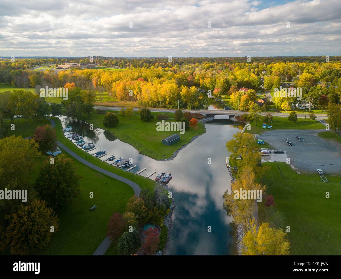 An aerial shot of the scenic Emerson Park in Auburn New York with flowing water and green vegetation Stock Photo