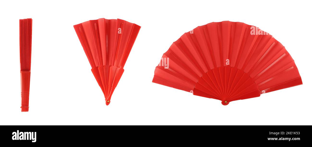 Red hand fan opening proces. Fold and unfold traditional hand fan Stock Photo