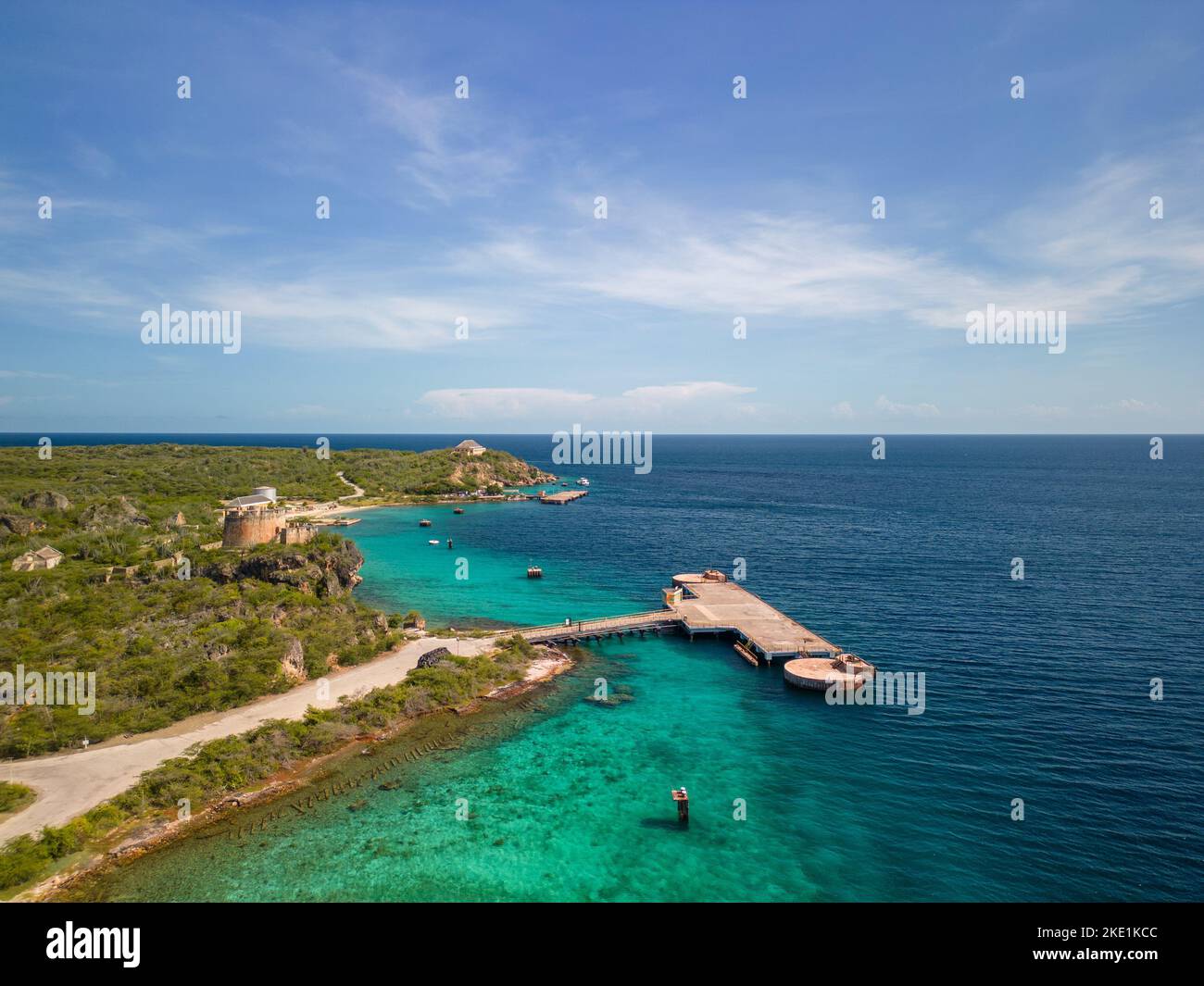An aerial shot of the scenic Caracas Bay in Willemstad Curacao with blue seawater and skyscape Stock Photo