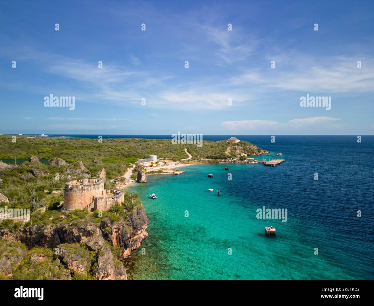 An aerial shot of the scenic Caracas Bay in Willemstad Curacao with blue seawater and skyscape Stock Photo