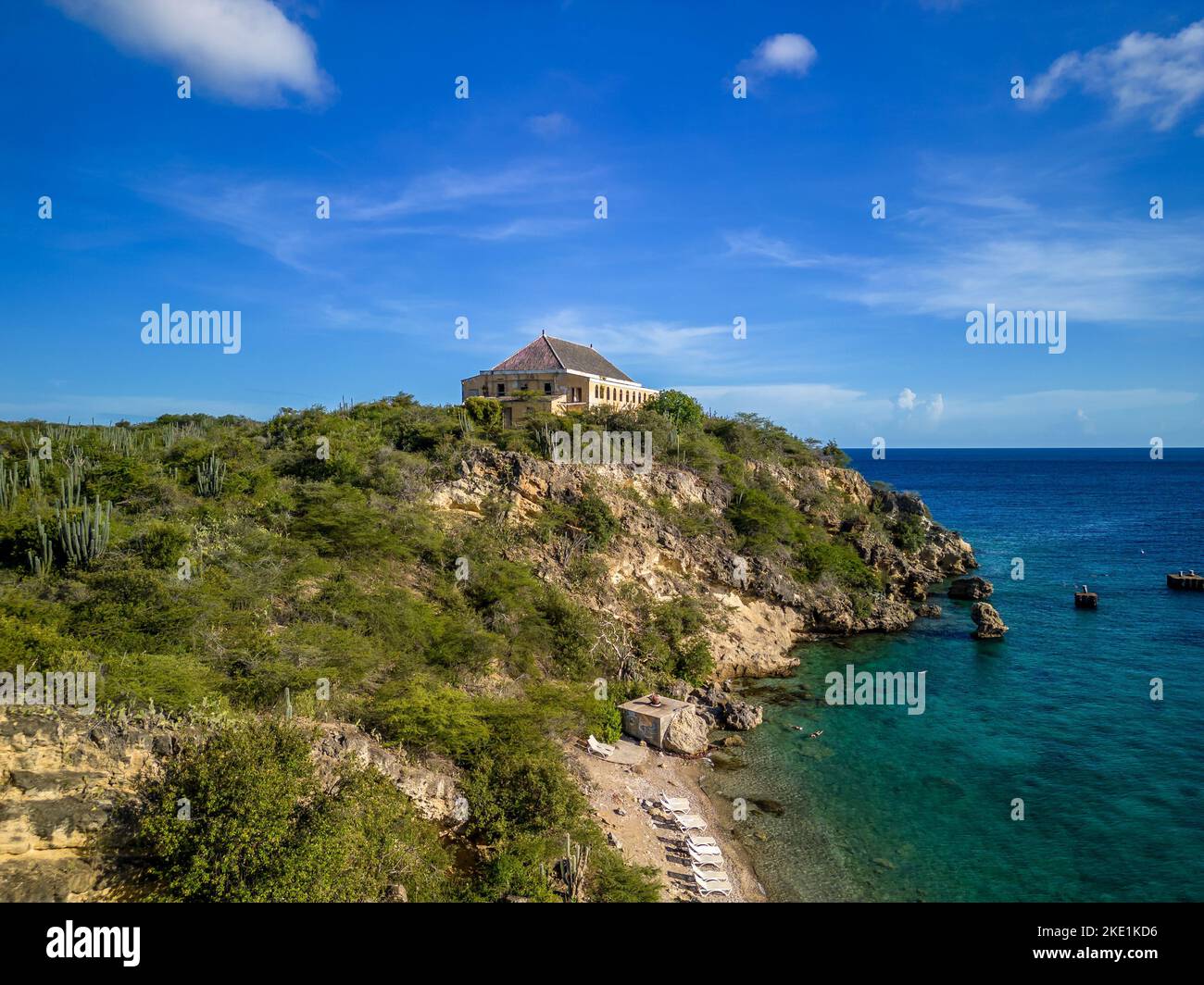 An aerial shot of the scenic Caracas Bay in Willemstad Curacao with blue seawater and skyscape Stock Photo