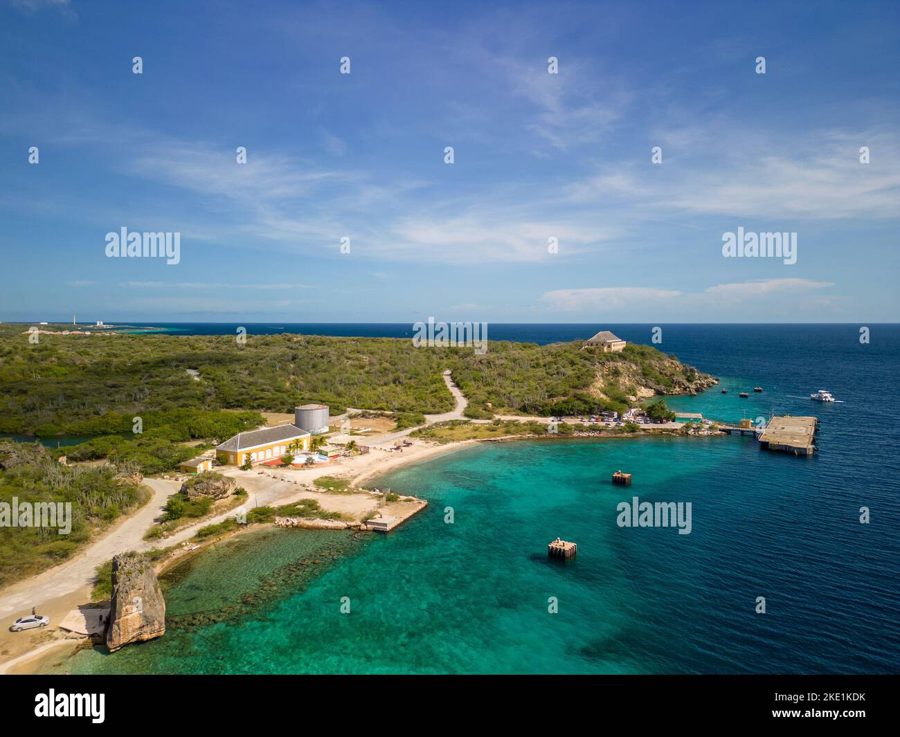 An aerial shot of the scenic Caracas Bay in Willemstad Curacao with blue seawater and skyscape Stock Photo