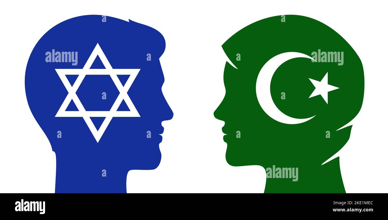 Judaist man and muslim woman relations. Different religion couple, multicultural family, or religious discussion, dialogue concept vector illustration. Stock Vector