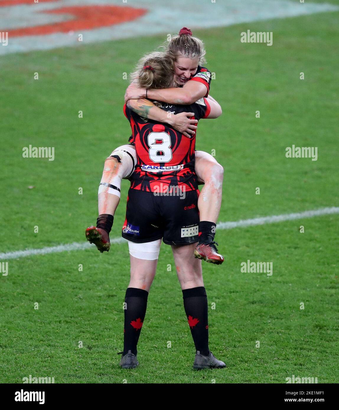 Canada's Kirsty Sargent (back to camera) and Alanna Fittes celebrate