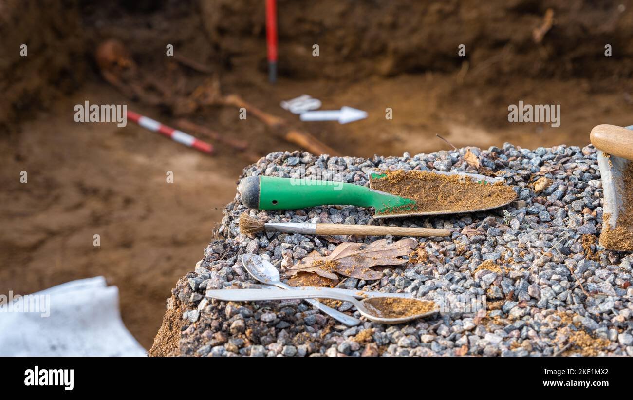 Simple tools of archaeology. Spatula, brush, spoons. Archaeological excavations. Human remains, skeletal bones and skulls in a ground grave. Zilaiskal Stock Photo