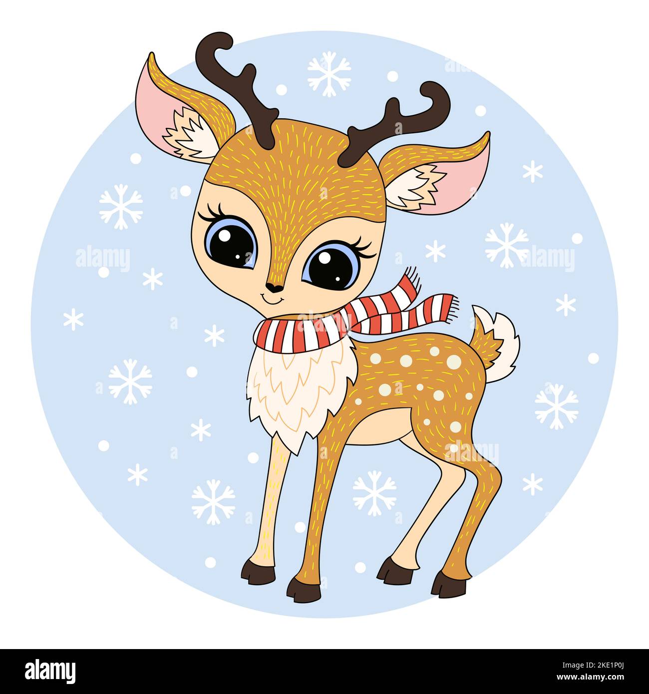 Cute little reindeer wearing a winter scarf. Christmas and winter theme. For children's design of prints, posters, cards and so on. Vector illustratio Stock Vector