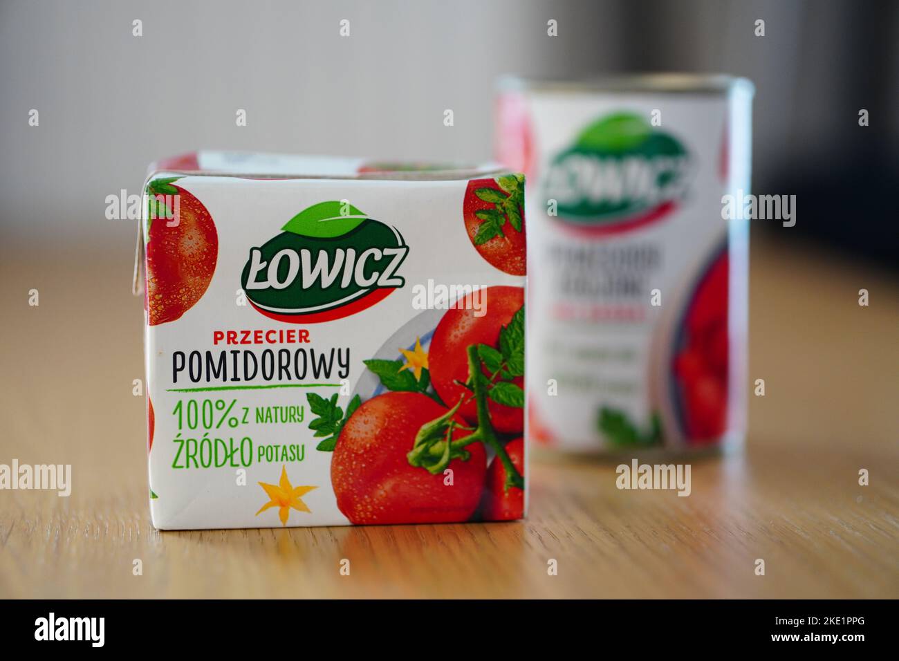 Passata Box A Lowicz brand tomato passata in a box on a wooden table Stock Photo ...