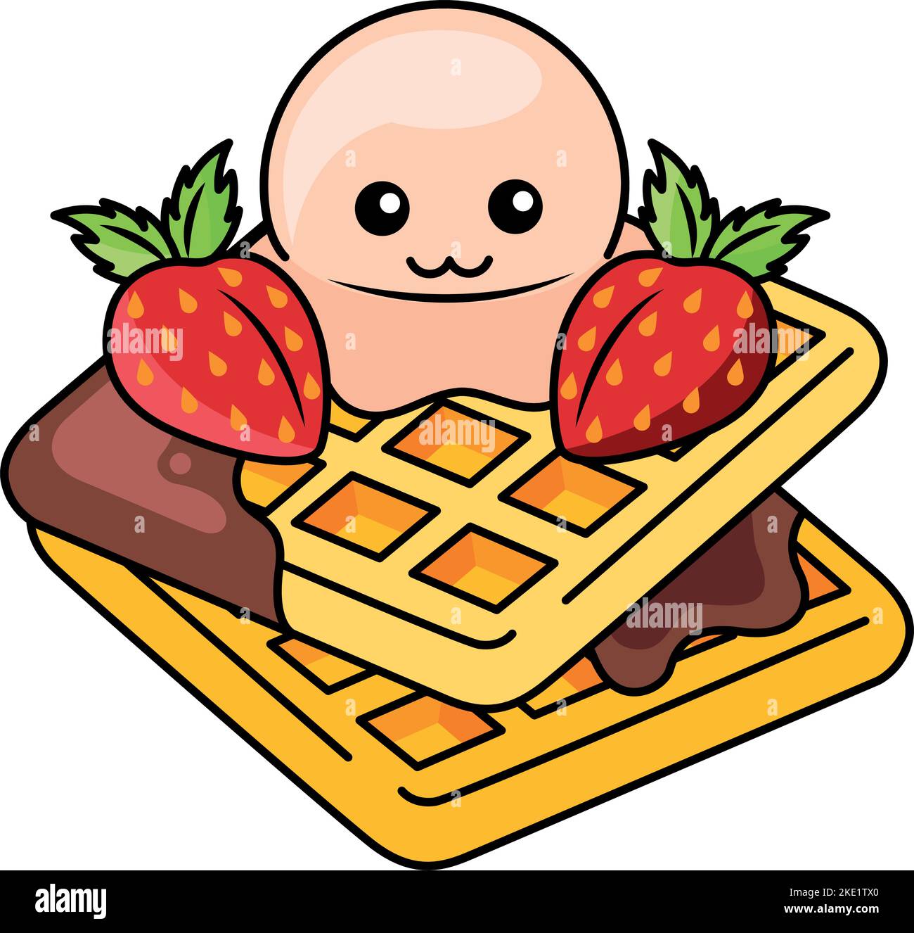 A cute kawaii cartoon character of ice cream on wafer cookies with