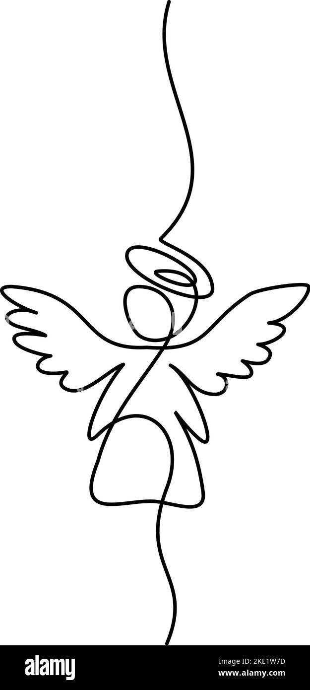 Christmas angel with wings, one line drawing, Stock Vector