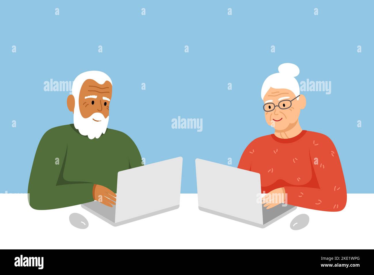 White-haired senior family man and woman, with laptop and space for text. Stock Vector
